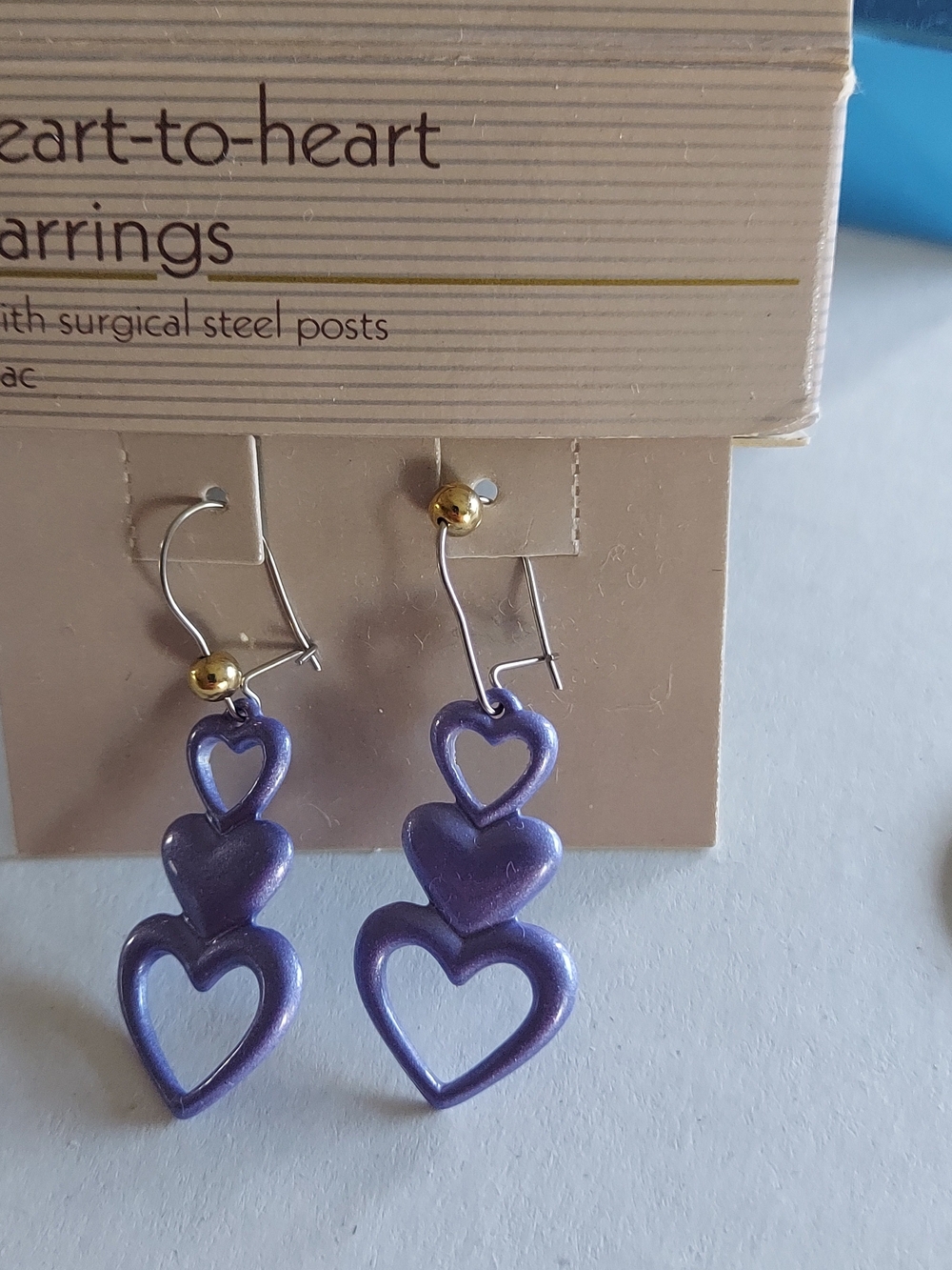 Vintage Avon Purple Triple Heart Dangle Earrings with Gold Accent